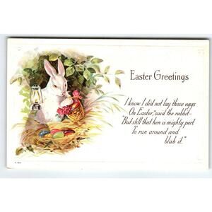 Easter Postcard Fantasy White Rabbit Holds Lantern & Basket Of Painted Eggs E193